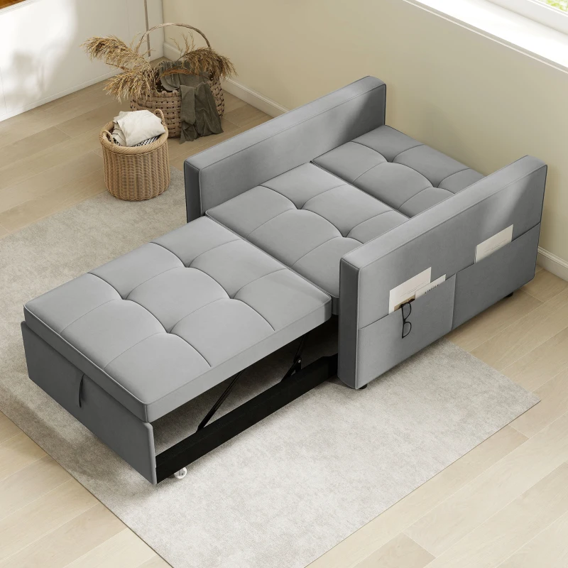 HOMCOM Convertible Chair Bed, Pull Out Sleeper Chair with USB, Adjustable Backrest, Small Velvet Futon Sofa Bed, Grey