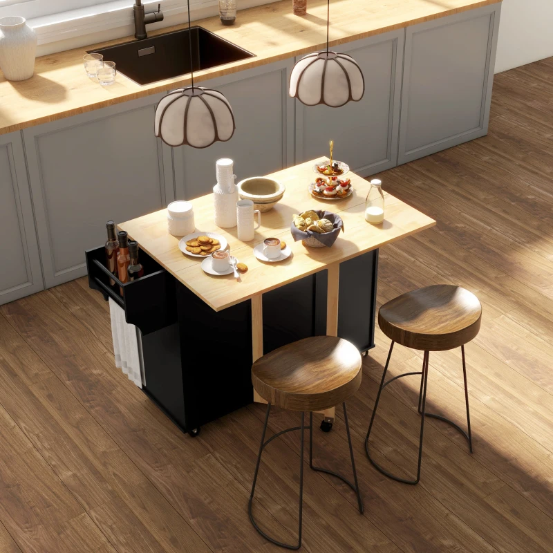 HOMCOM Rolling Kitchen Cart on Wheels with Drop Leaf, Kitchen Island with 3 Drawers, Solid Wood Top and Towel Rack, Black