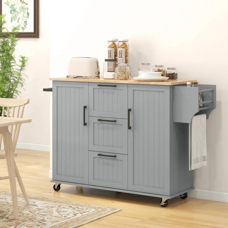 HOMCOM Rolling Kitchen Cart on Wheels with Drop Leaf, Kitchen Island with 3 Drawers, Solid Wood Top and Towel Rack, Grey
