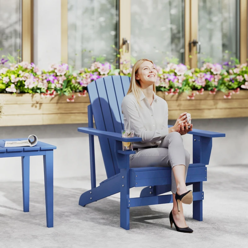 Outsunny Classic Adirondack Chair, Muskoka Chairs, Garden Deck Chair with Cup Holder for Patio, Indoor, Backyard, Navy Blue