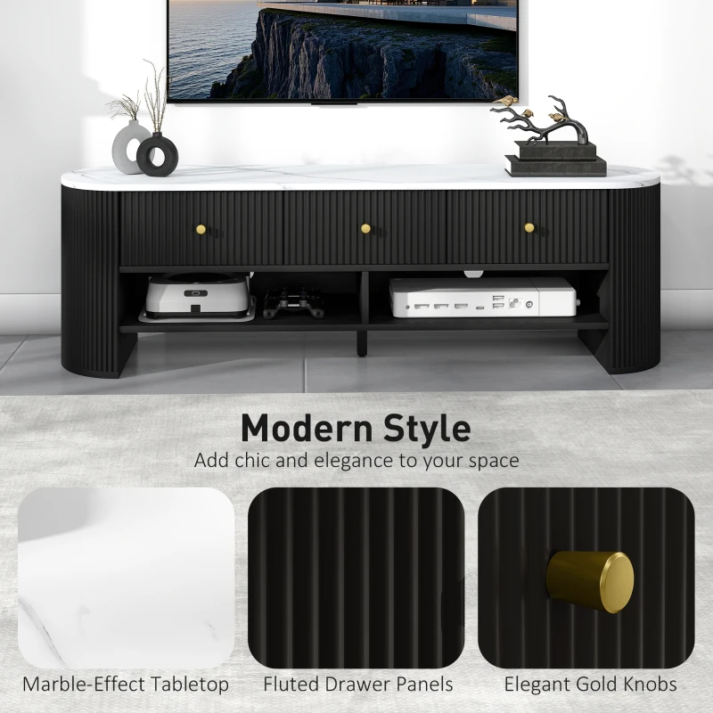 HOMCOM TV Stand, Modern TV Table with Marble-Effect Top, 3 Drawers and 2 Open Shelves for 32-65 Inch Television, Black