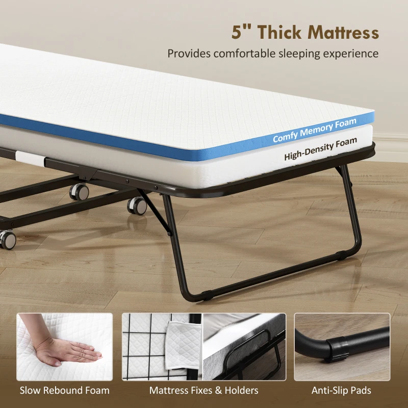 HOMCOM Folding Bed with Mattress for Adults, Single Size, Portable Foldable Bed with Memory Foam Mattress & Steel Frame, White