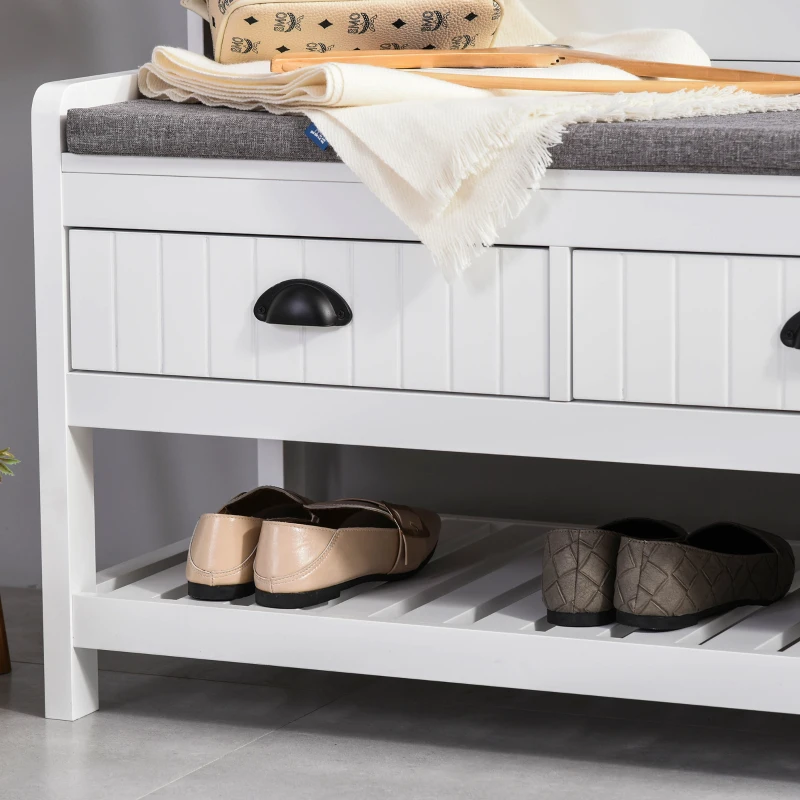 HOMCOM Coat Rack Shoe Bench, Hall Tree with Bench and Shoe Storage, Entryway Bench with 4 Hooks, 2 Drawers, 2 Shelves, White