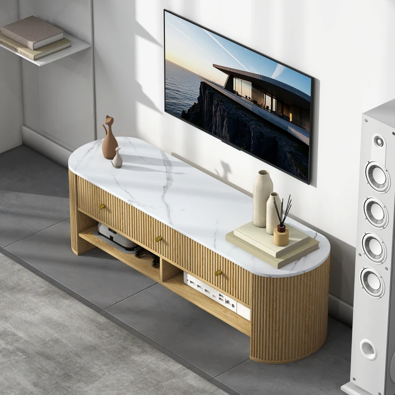 HOMCOM TV Stand, Modern TV Table with Marble-Effect Top, 3 Drawers and 2 Open Shelves for 32-65 Inch Television, Natural