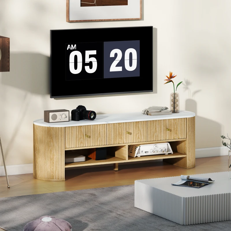 HOMCOM TV Stand, Modern TV Table with Marble-Effect Top, 3 Drawers and 2 Open Shelves for 32-65 Inch Television, Natural