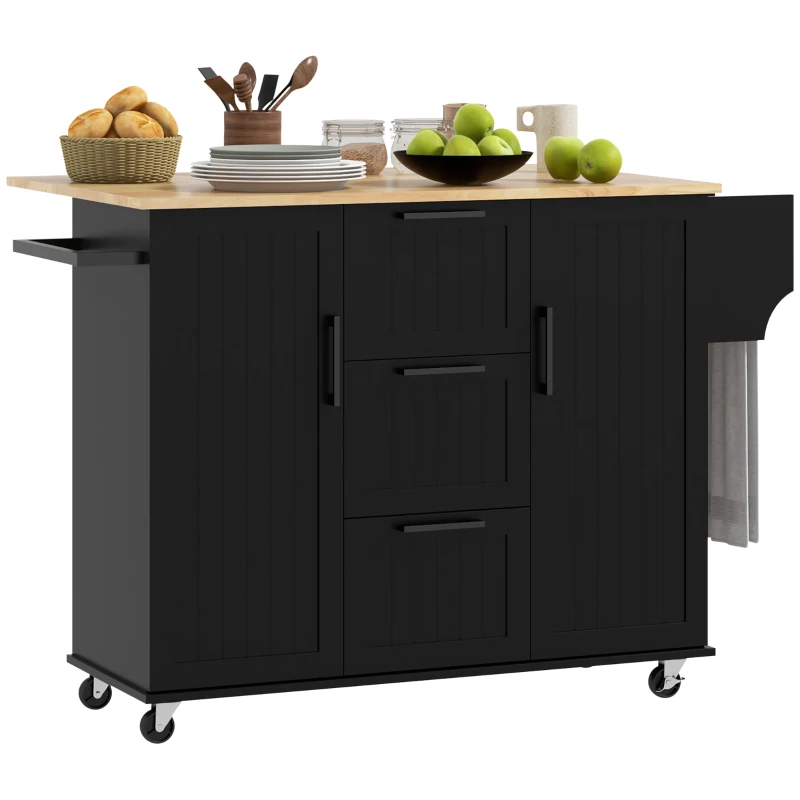 HOMCOM Rolling Kitchen Cart on Wheels with Drop Leaf, Kitchen Island with 3 Drawers, Solid Wood Top and Towel Rack, Black