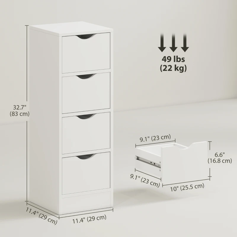 HOMCOM 4-Drawer Bathroom Cabinet, Freestanding Narrow Storage Cabinet with Groove Handles for Small Spaces, White