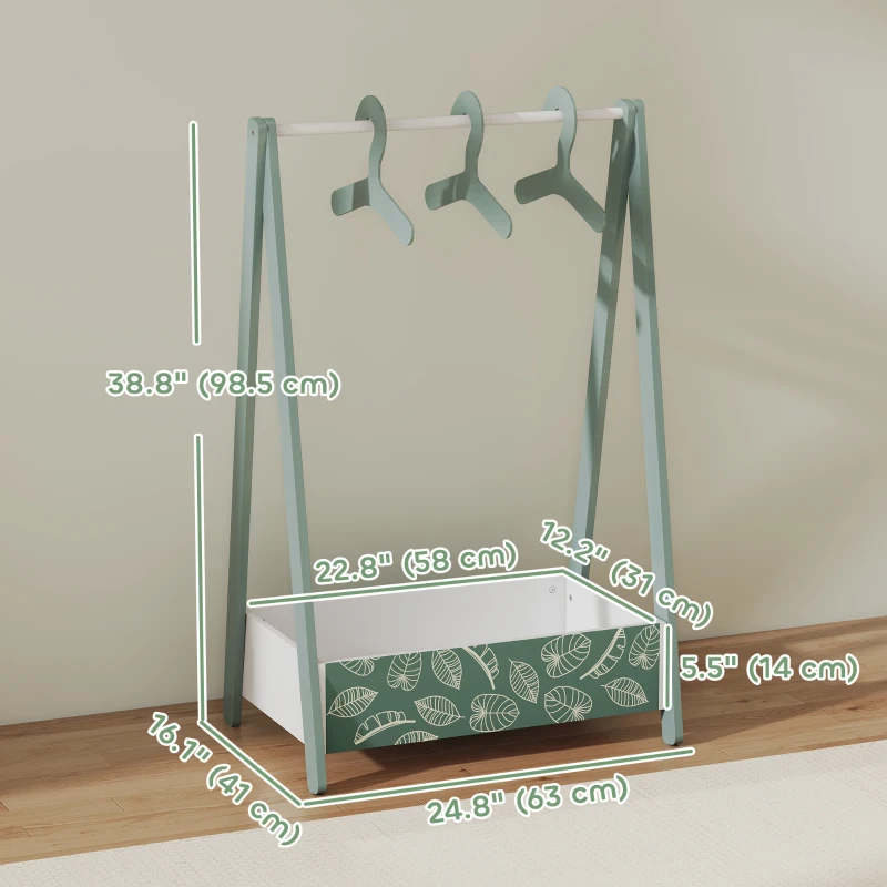 Qaba Kids Clothing Rack with Storage Shelf, Hangers, for Nursery Room, Living Room, Playroom, Green