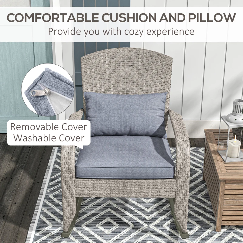 Outsunny Adirondack Chair, Outdoor Wicker Rocking Chair with High Back, Seat Cushion and Pillow for Porch, Balcony, Grey