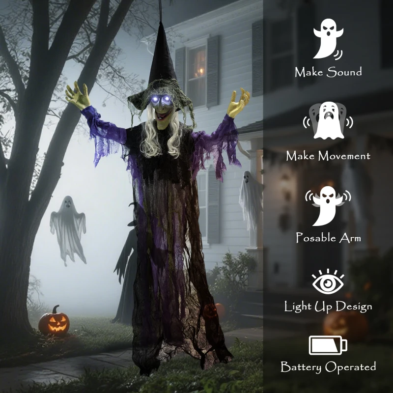 Outsunny Life Size Halloween Animated Hanging Witch with Glowing LED Eyes, Scary Halloween Decorations, Battery Operated