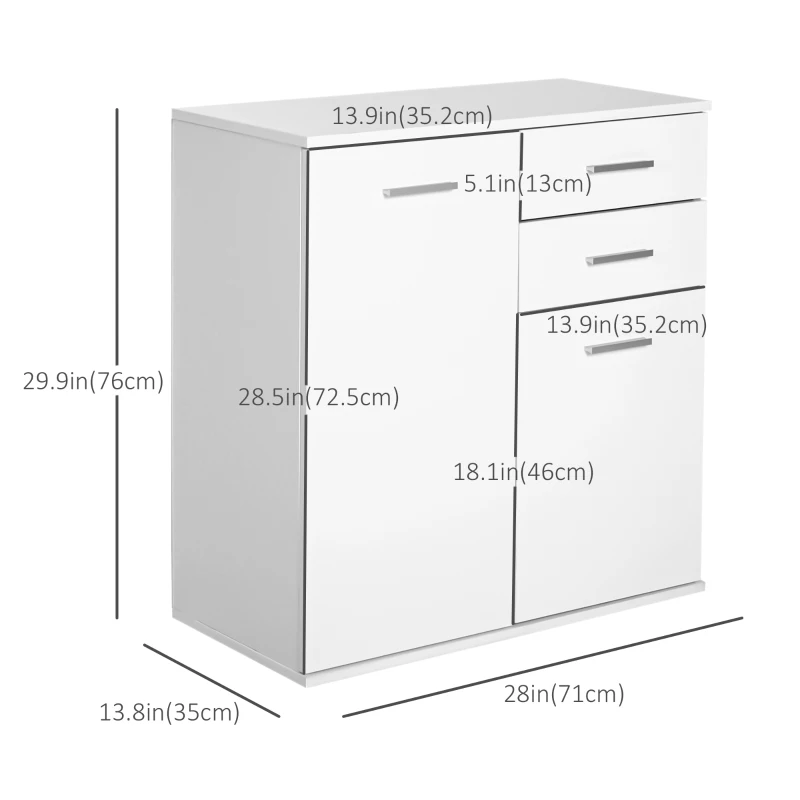 HOMCOM High Gloss Sideboard with 2 Drawers and 2 Doors, Buffet Cabinet with Adjustable Shelf, Coffee Bar Cabinet with Storage, White