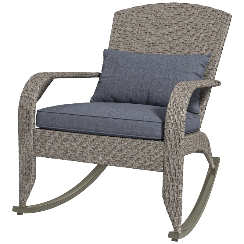 Outsunny Adirondack Chair, Outdoor Wicker Rocking Chair with High Back, Seat Cushion and Pillow for Porch, Balcony, Grey