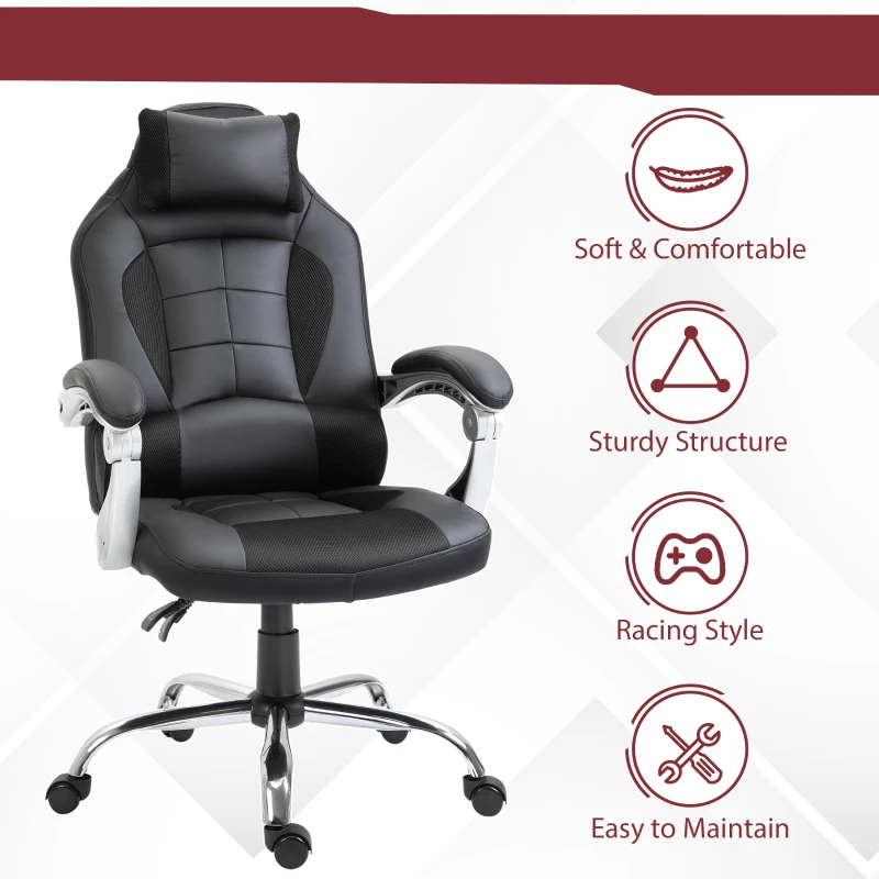HOMCOM High Back Office Chair, Executive Racing Gaming Chair, Adjustable Recliner with Removable Headrest Pillow for Office, Black