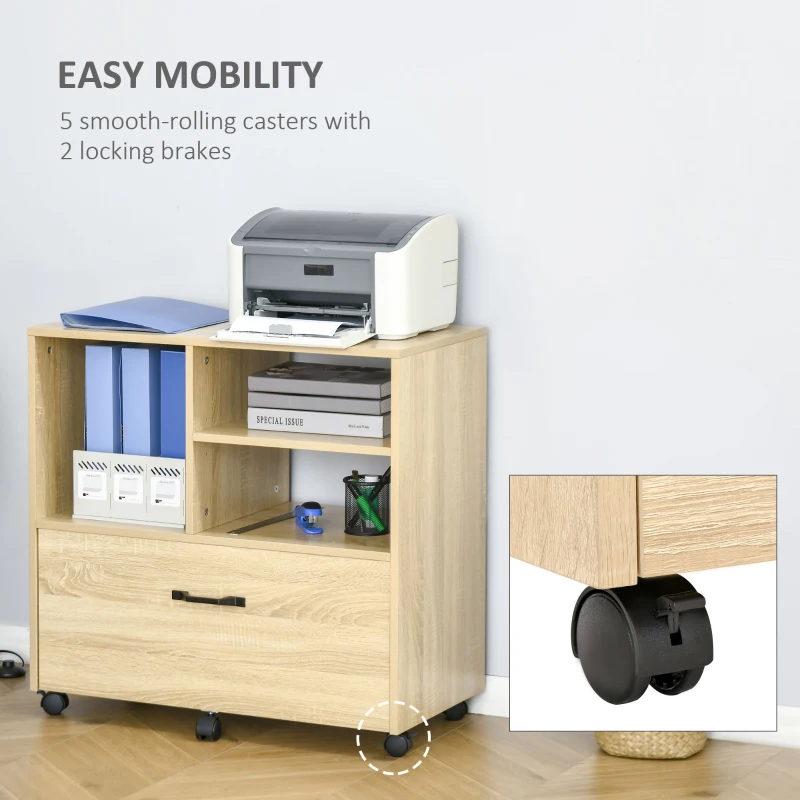 Vinsetto Lateral Filing Cabinet with Open Storage Shelf, Printer Stand, Mobile Office File Cabinet with Wheels for Letter and Legal Sized Files, Natural