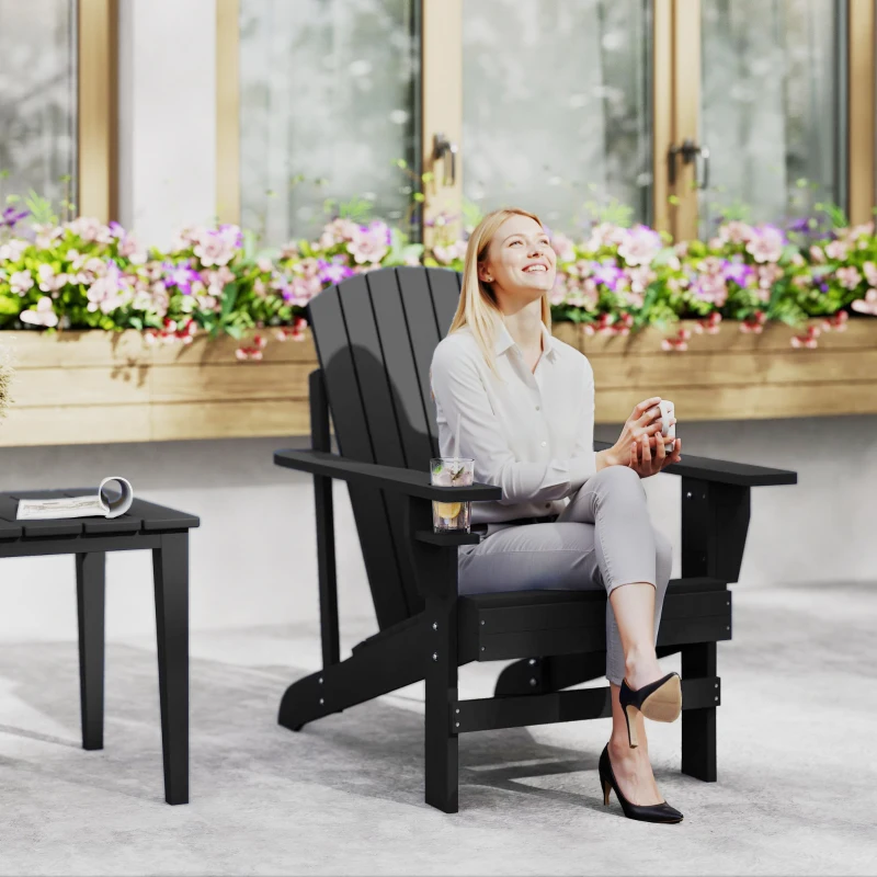 Outsunny Oversized Adirondack Chair, Outdoor Fire Pit and Porch Seating, Classic Log Lounge w/ Built-in Cupholder, Black