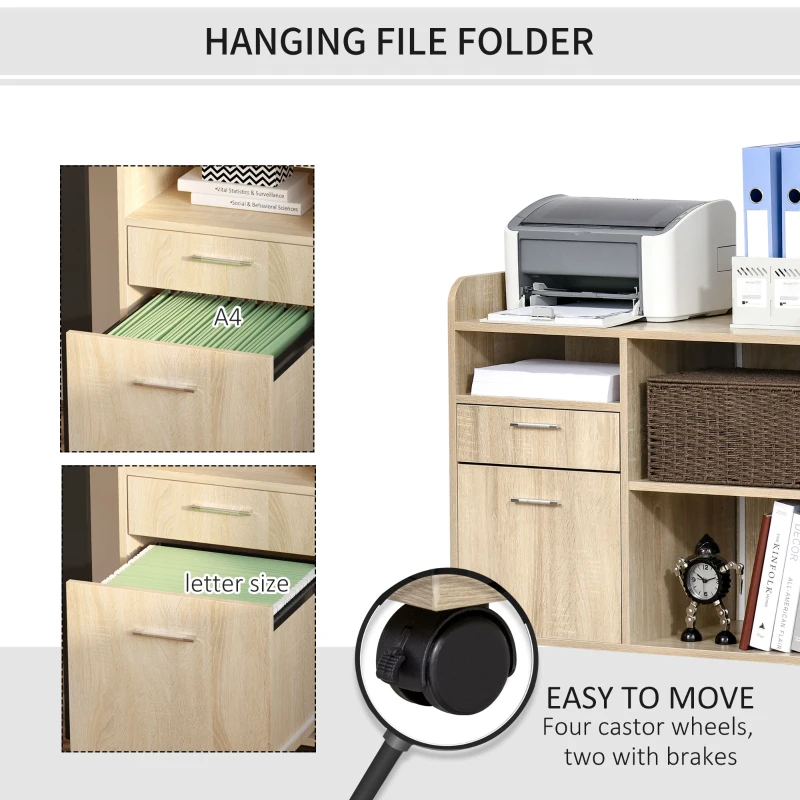 Vinsetto Lateral Filing Cabinet, Printer Stand with Wheels, Mobile File Cabinet with Drawer for Letter or A4 File, Home Office, Oak