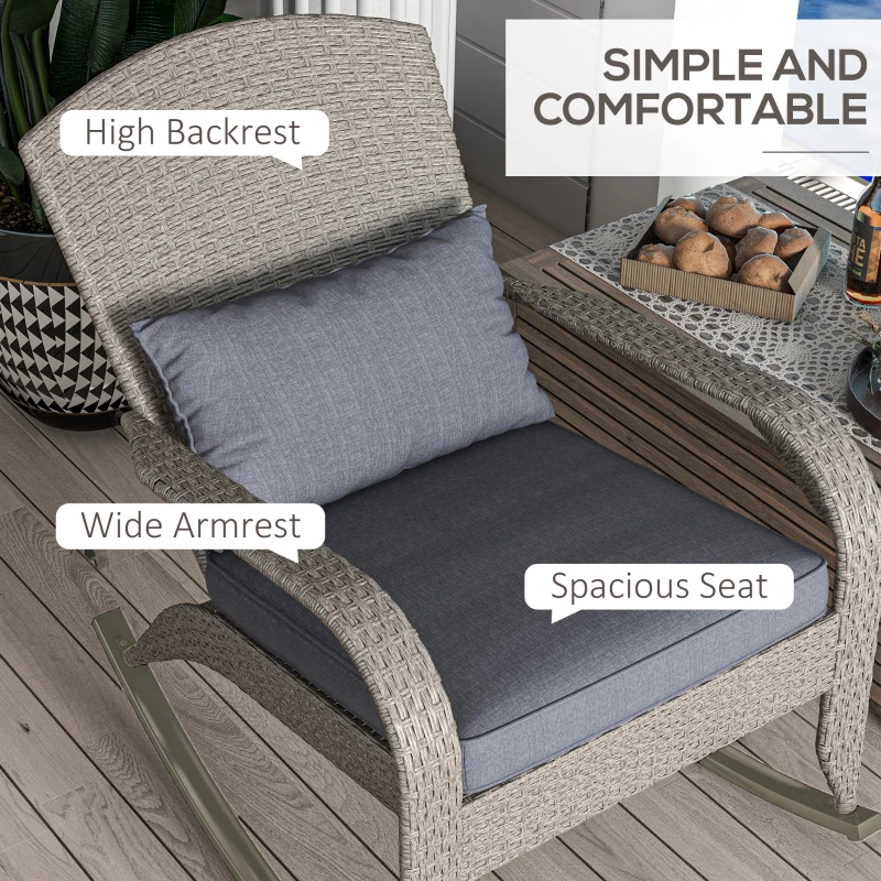 Outsunny Adirondack Chair, Outdoor Wicker Rocking Chair with High Back, Seat Cushion and Pillow for Porch, Balcony, Grey