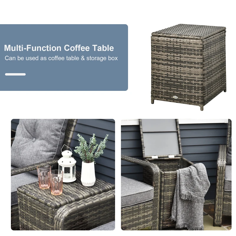 Outsunny 3 Pieces Wicker Patio Furniture Set, Rattan Bistro Set with Storage Coffee Table and Thickened Cushions, Outdoor Conversation Set for Garden, Porch, Balcony, Grey