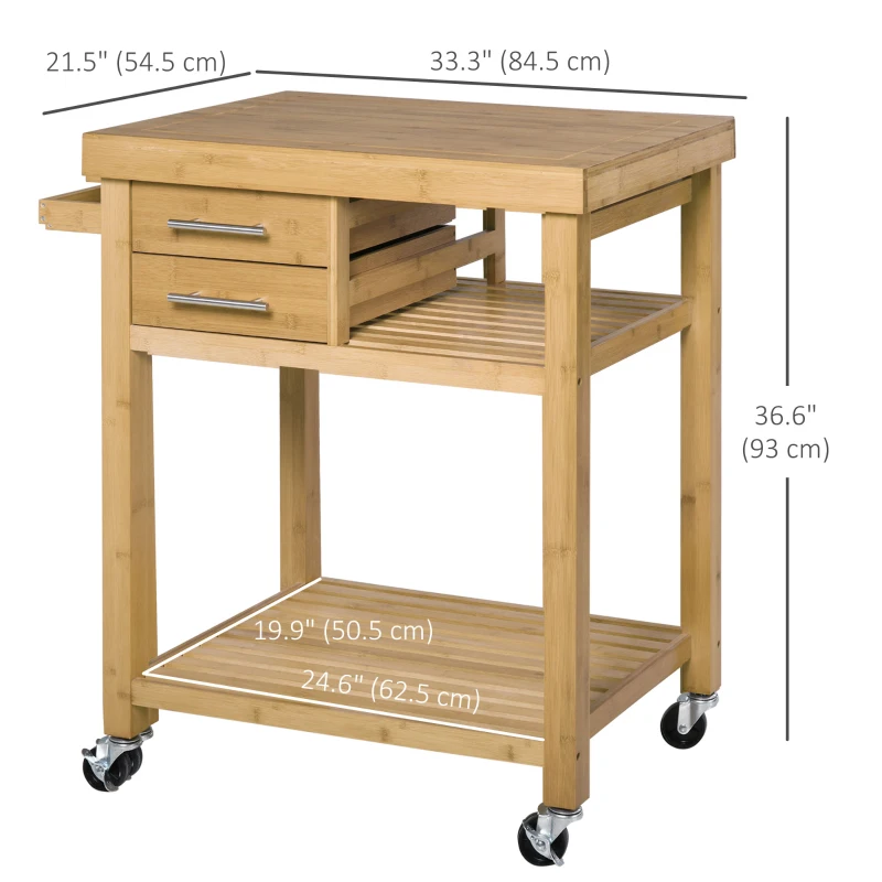 HOMCOM Bamboo Rolling Kitchen Island Trolley with Drawers & Shelves