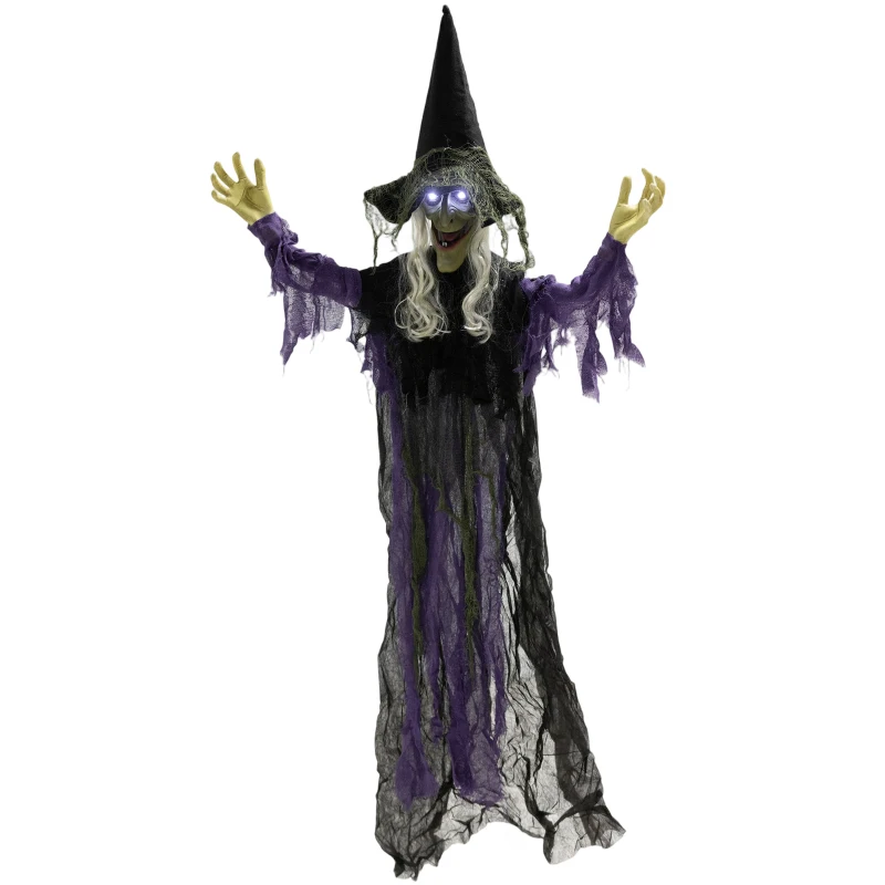 Outsunny Life Size Halloween Animated Hanging Witch with Glowing LED Eyes, Scary Halloween Decorations, Battery Operated