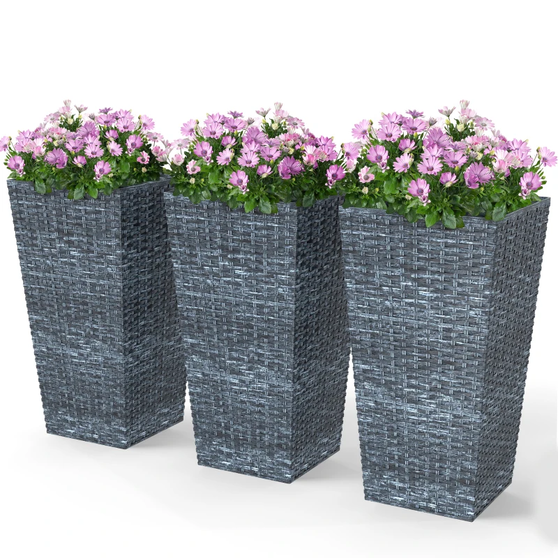 Outsunny Tall Planters for Outdoor Plants Set of 3, 24 In Taper Planters with Drainage Holes, Rattan Decor Plant Pots for Indoor Outdoor Front Porch Patio Backyard, Gray
