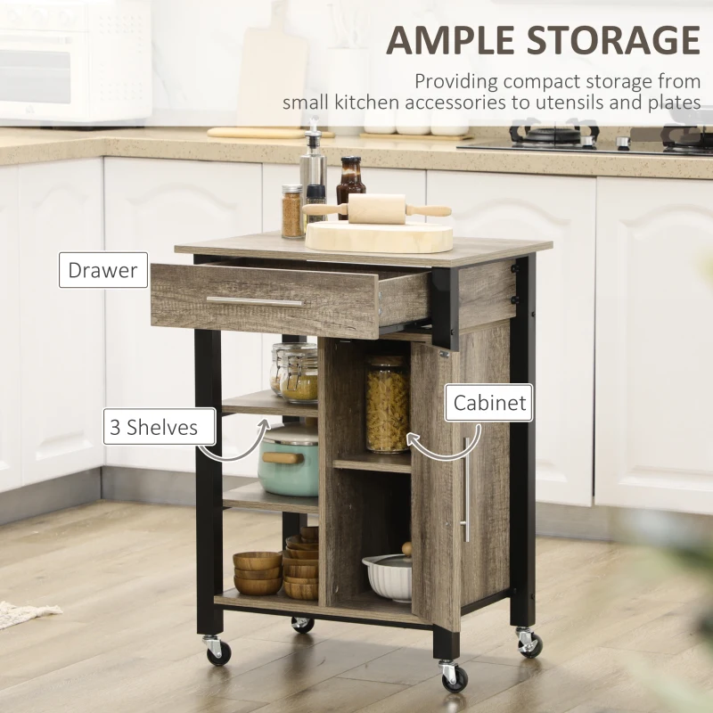 HOMCOM Kitchen Trolley Utility Cart on Wheels with Storage Shelves & Drawer for Dining Room, Dark Oak