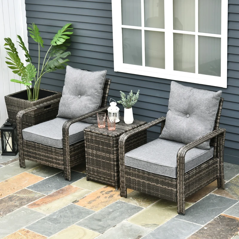 Outsunny 3 Pieces Wicker Patio Furniture Set, Rattan Bistro Set with Storage Coffee Table and Thickened Cushions, Outdoor Conversation Set for Garden, Porch, Balcony, Grey