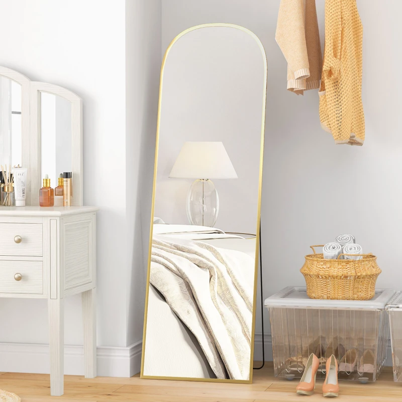 HOMCOM Arched Standing Mirror, 64" x 20" Full Length Mirror, Free Standing or Wall Mounted for Living Room, Bedroom, Gold