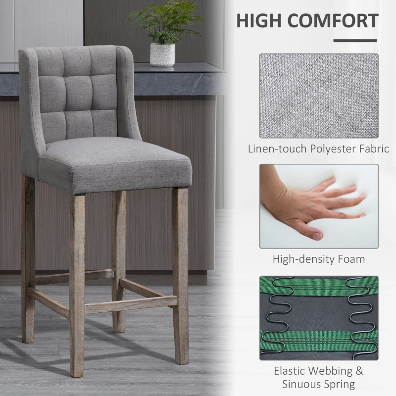 HOMCOM Modern Counter Bar Stools Tufted Upholstered Counter Chairs Set of 2 for Kitchen, Grey