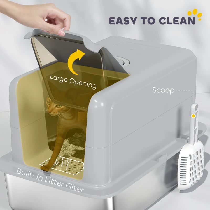 PawHut 2 in 1 Stainless Steel Cat Litter Box with Removable Lid, Scoop, Filter Bags, for Small to Large Cats, Gray