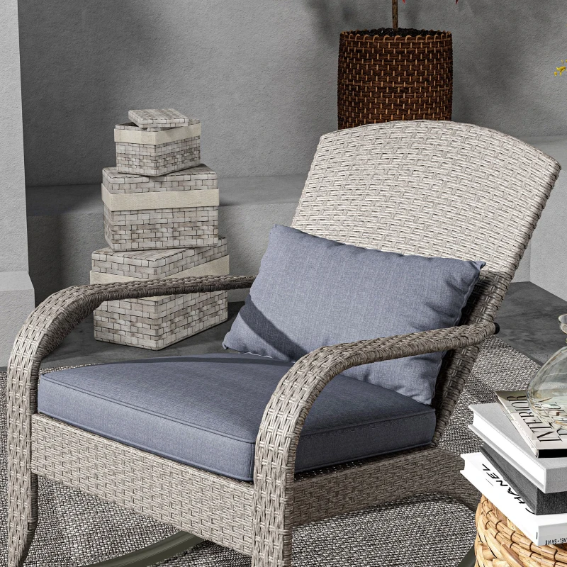 Outsunny Adirondack Chair, Outdoor Wicker Rocking Chair with High Back, Seat Cushion and Pillow for Porch, Balcony, Grey