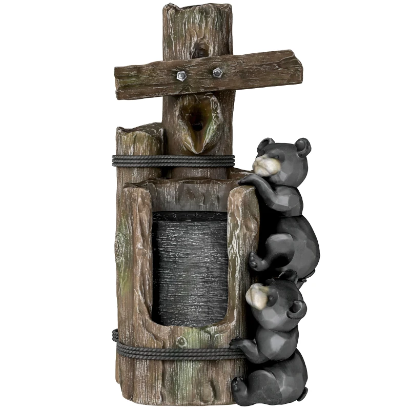 Outsunny 22.8" Water Fountain, 3-Tier Resin Bears on Log Outdoor Waterfall Fountain with LED Lights, Pump