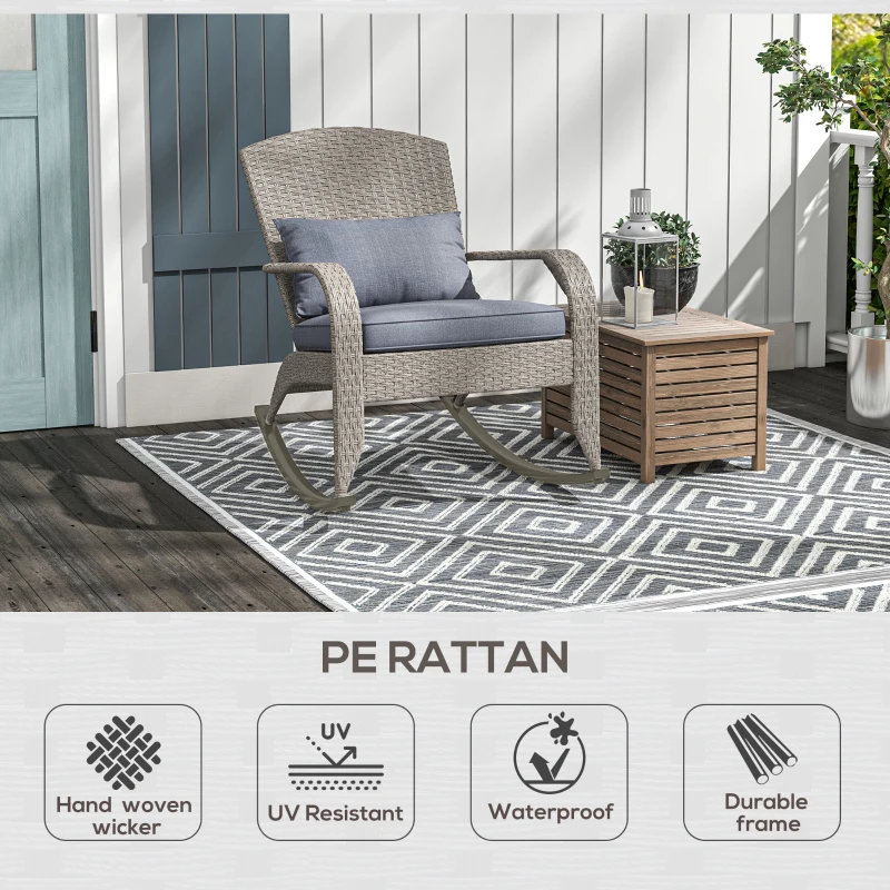 Outsunny Adirondack Chair, Outdoor Wicker Rocking Chair with High Back, Seat Cushion and Pillow for Porch, Balcony, Grey