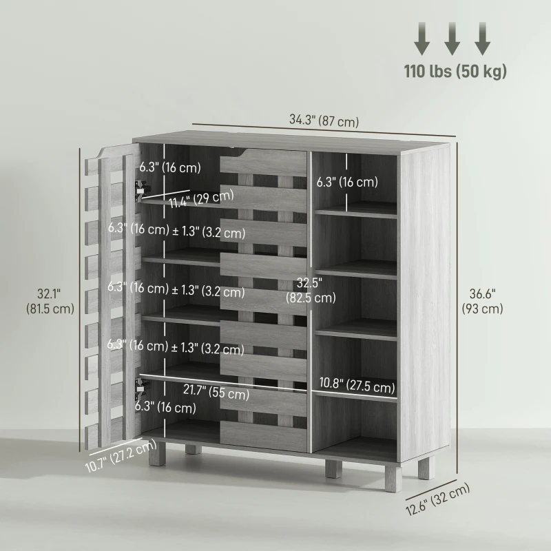 HOMCOM Shoe Cabinet, 21 Pair Shoe Storage Cabinet Organizer with 5-tier Double Door Cabinet and 5-tier Open Shelves, Light Grey