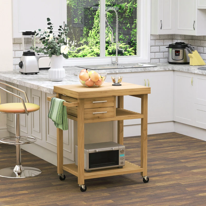 HOMCOM Bamboo Rolling Kitchen Island Trolley with Drawers & Shelves