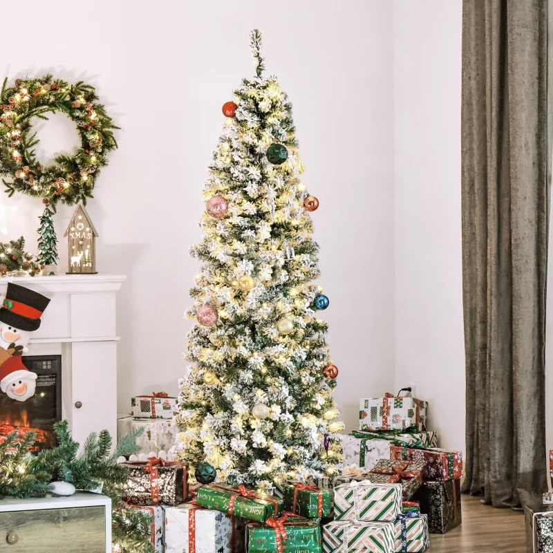 HOMCOM 6ft Prelit Artificial Pencil Christmas Tree, Snow Flocked Slim Xmas Tree with Warm White LED Lights - Green