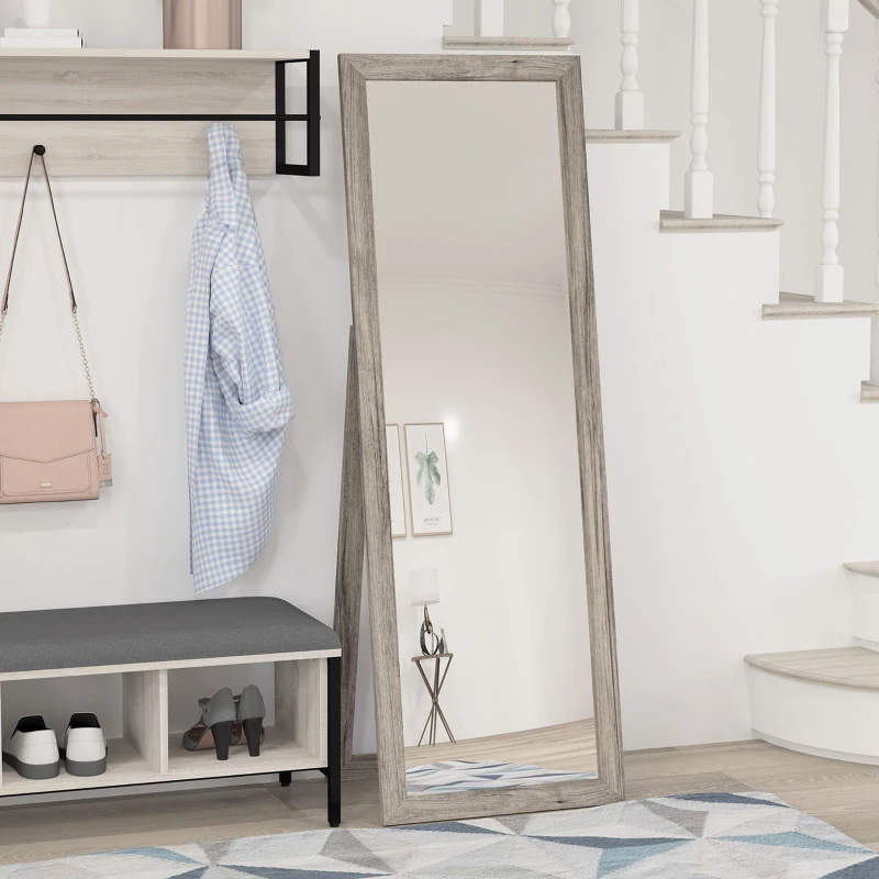 HOMCOM 58" x 20" Floor Standing Mirror, Full Body Mirror for Bedroom, Living Room, Grey Wood Grain