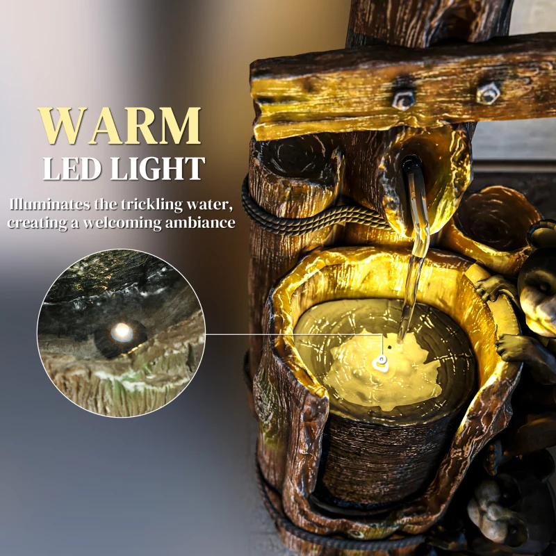 Outsunny 22.8" Water Fountain, 3-Tier Resin Bears on Log Outdoor Waterfall Fountain with LED Lights, Pump
