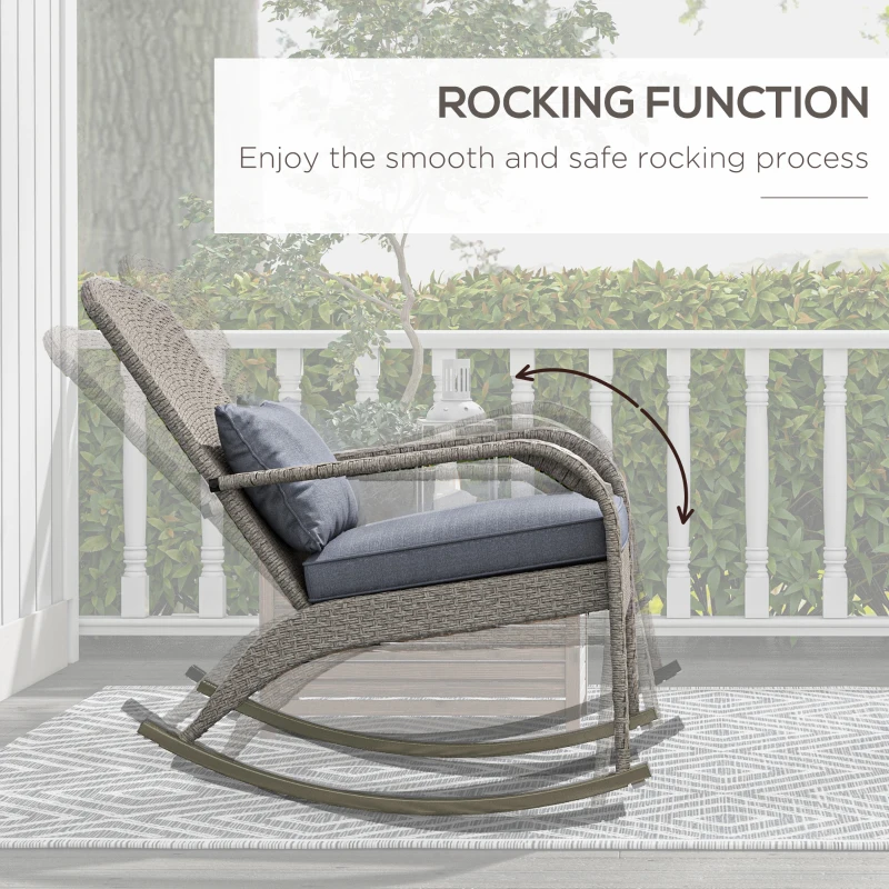 Outsunny Adirondack Chair, Outdoor Wicker Rocking Chair with High Back, Seat Cushion and Pillow for Porch, Balcony, Grey