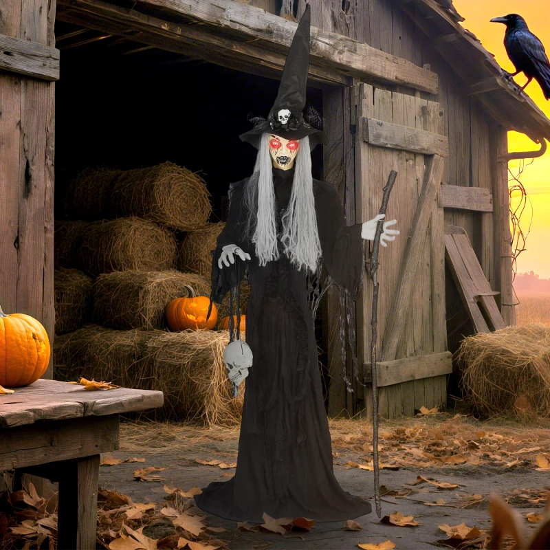Outsunny Animatronics Standing Witch, Voice-Activated Prop, Sound Activated Moving Head & Flashing Eyes, Easy Setup Indoor, Black