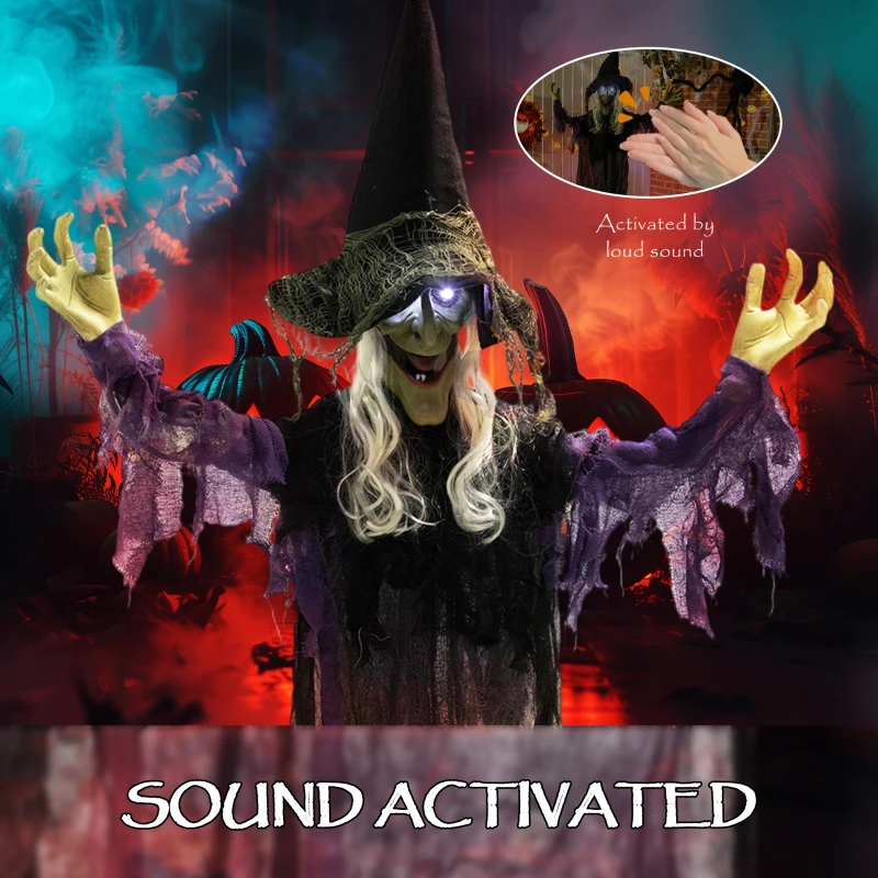 Outsunny Life Size Halloween Animated Hanging Witch with Glowing LED Eyes, Scary Halloween Decorations, Battery Operated
