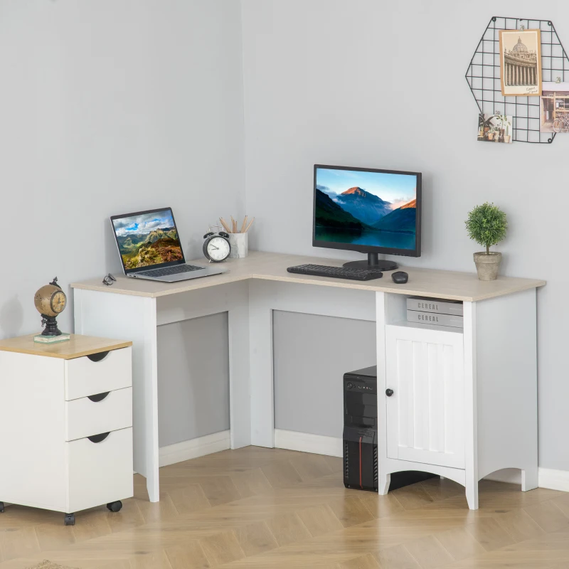 HOMCOM L-Shaped Computer Desk with Shelf and Storage Cabinet, Corner Writing Desk, Home Office Workstation, Natural Wood and White