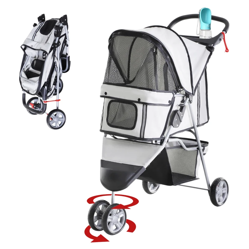 PawHut 3 Wheels Foldable Dog Stroller with Storage Basket, Adjustable Canopy, Cupholder for Miniature and Small Dogs, Grey