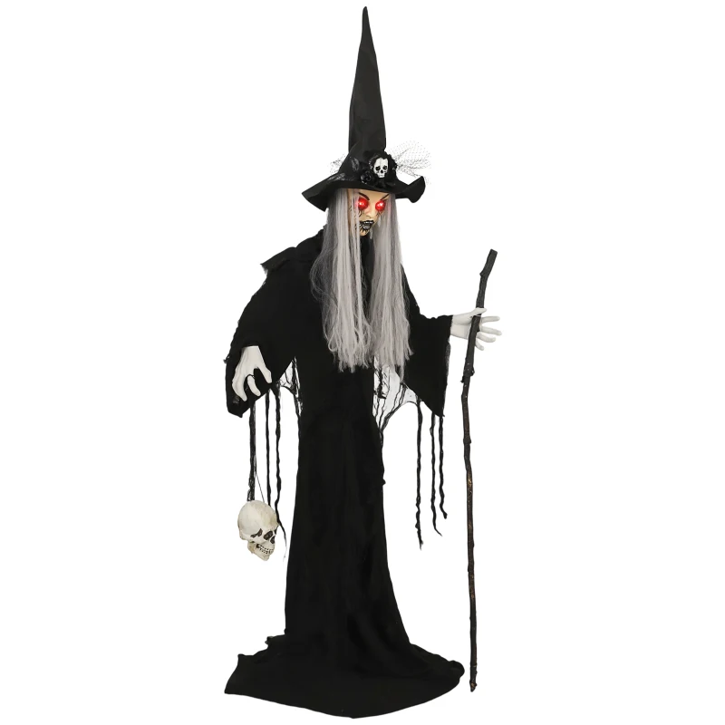 Outsunny Animatronics Standing Witch, Voice-Activated Prop, Sound Activated Moving Head & Flashing Eyes, Easy Setup Indoor, Black