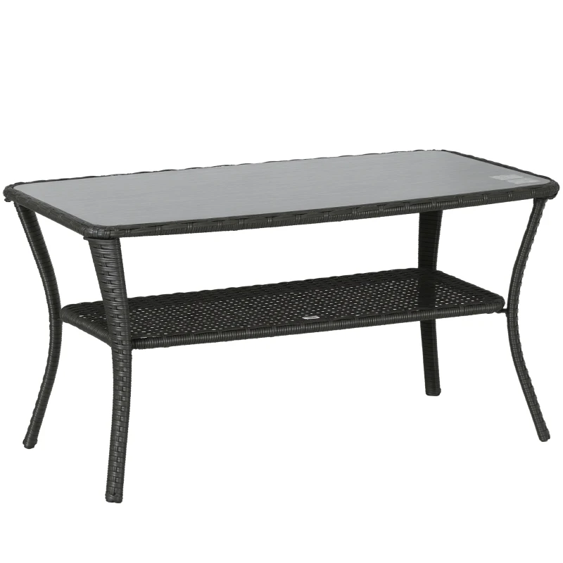 Outsunny Outdoor Patio PE Rattan Coffee Table with Storage Shelf, Wicker Side Table with Glass Top, Black