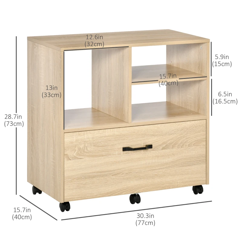 Vinsetto Lateral Filing Cabinet with Open Storage Shelf, Printer Stand, Mobile Office File Cabinet with Wheels for Letter and Legal Sized Files, Natural