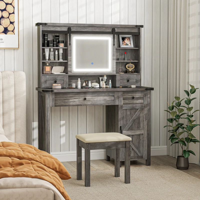 HOMCOM Vanity Desk Set with Mirror and Lights, Cushioned Stool, Storage Drawer, Cabinet, Shelves for Bedroom, Gray