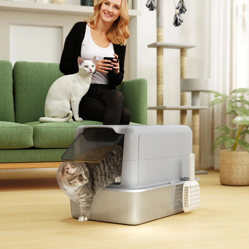 PawHut 2 in 1 Stainless Steel Cat Litter Box with Removable Lid, Scoop, Filter Bags, for Small to Large Cats, Gray