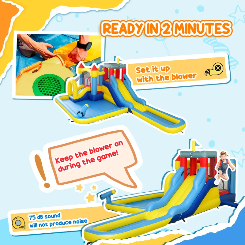 Qaba 6 in 1 Inflatable Water Slide Park with Splash Pools, 2 Slides, Trampoline, Climbing Wall, Cannon, Basketball Hoop