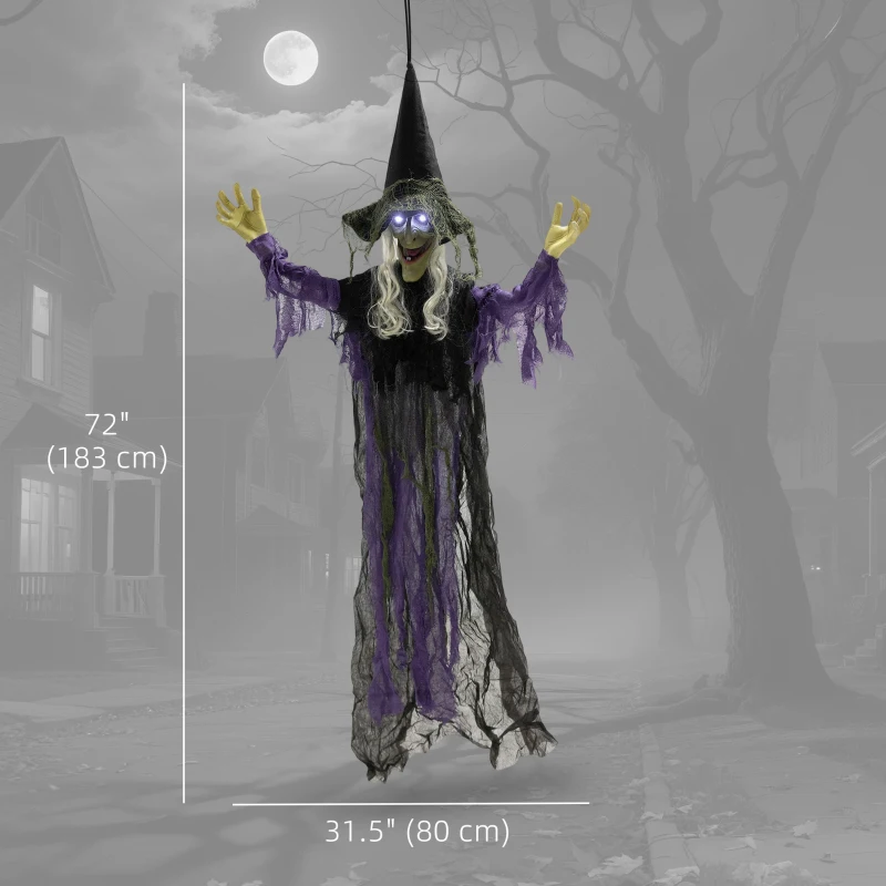 Outsunny Life Size Halloween Animated Hanging Witch with Glowing LED Eyes, Scary Halloween Decorations, Battery Operated
